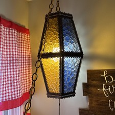 Vtg Mid Century 2 Color  Blue Gold Brass Swag Lamp Pendant MCM Hollywood Regency picture