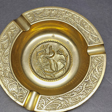 Brass Antique Round Metal Cigarette Ashtray, Bird Motif Center Medallion Design picture