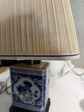 Vtg. Chinoiserie Porcelain Tea Caddy Table Lamp Blue White Foo Dog Pleated Shade picture