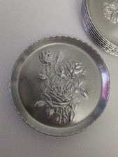 Vintage Pressed Aluminum 8 Coasters With Rose Design  picture