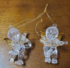 Vintage Acrylic Angel Christmas Ornaments Clear Cherubs with Instrument Lot Of 2 picture