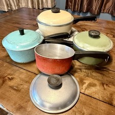 8pc VTG 1970s 70s Club Aluminum Cookware Set Red Yellow Blue Green Pots Lids picture