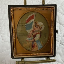 Vintage Antique Victorian Trade Card Ephemera Framed, Union Case, Girl W/ Flag picture