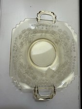 Vintage Etched Glass Sandwich Tray Floral 2 Handles Scalloped Serving Dish picture