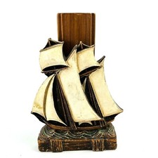 Shoe Brush Holder Vintage Wooden Sailing Ship picture