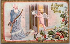 c1910s HAPPY NEW YEAR Postcard Baby New Year Saying Goodbye to Father Time picture