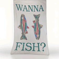 Vtg Joe Boxer Wanna Fish Beach Towel Rainbow Trout Cotton USA Made 36x60 READ picture