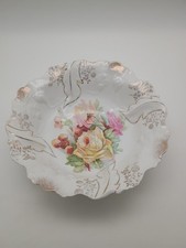 Porcelain Bowl White withYellow&Pink Roses Gold Design Scalloped Germany10