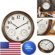 16in Outdoor Wall Clock Waterproof Vintage Non-Ticking Thermometer Hygrometer picture