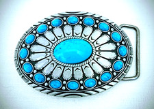 Faux Turquoise Cabochon Stone Centerpiece Oval Western Unisex Belt Buckle    415 picture