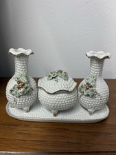 White Hobnail style Porcelain Vanity Set w/ Tray, 2 Bud Vases, Lidded Jar picture