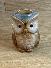 MCM Blue Brown Pottery Owl Toothpick Holder Vintage  Ceramic Kiln Fired picture