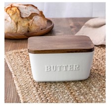 White and Acacia Wood Porcelain Embossed Butter Dish picture