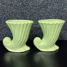 Vintage Green Ceramic Cornucopia Vase Set Mid Century Ribbed Scrolled Planter picture