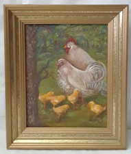 Original Acrylic Painting on Canvas Rooster - Hen - 5 Chicks Gold Framed picture