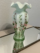 Beautiful Fenton Opaline Green Cased Ruffle Floral Roses Vase picture
