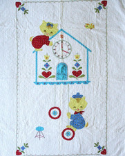 Vintage Crib Quilt Cat Kitten Nursery Blanket 1940's Applique Embroidery Quilt picture
