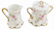 Haviland Limoges Schleiger 36K Creamer Covered Sugar Bowl Pink Floral Antique picture