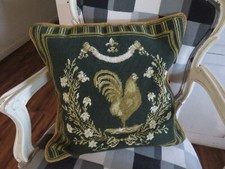 Aubusson style FRENCH COUNTRY Needlepoint Pillow Cover ROOSTER Gold & Drk Grn picture