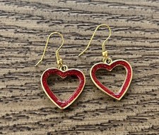 Vintage Gold Tone and Red Enamel Glitter Heart Dangle Earrings picture
