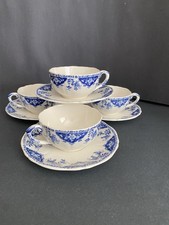FAIENCERIE DE GIEN Delft Blue 4 Teacup Cup Saucers Stoneware France White Blue picture