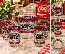 Vintage 1970s Coca-Cola Tiffany Stained Glass Pitcher 4 Tumblers 5 Pc Set picture