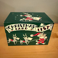Vintage 1950s Stylecraft Christmas Card List Tin Box Santa Reindeer No 804 picture