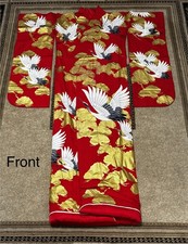 Vintage Japanese Uchikake Wedding Kimono Robe Red Silk White Crane Mount Gold picture