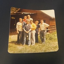 Vintage Snapshot Photo Montana Family In Front Of Western Home Ranch Cabin 1970s picture