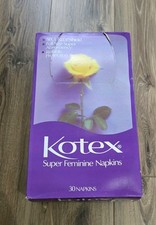 Vintage KOTEX Super Feminine Napkins Pads 1974 Damage Box purple Movie Prop Read picture