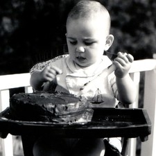 c1950s Baby First Birthday Cake High Chair Porch Snapshot Photo Sailboat Outfit picture