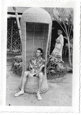 WICKER PORTER'S CHAIR Vintage Photo Man Wearing Hawaiian Shirt Tropical Resort picture