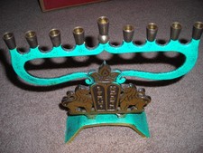 VINTAGE METAL JUDAICA HANUKKAH 2 MENORAH LION MADE ISRAEL 9 BRANCH BRASS CANDLE picture