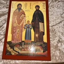 Vtg 1989 Greek Orthodox icon Martyrs handmade painting print On Wood picture