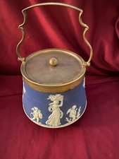 OLD Wedgwood Blue & White Jasperware Biscuit Jar with Lid marked