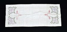 Vintage Purple Red Green Cross Stitch Floral Embroidery Linen Table Runner 16x40 picture