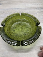 Vintage MCM Hollywood Regency Avocado Green Glass Ribbed Textured Ashtray CIGAR picture