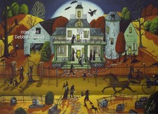 PRINT Of Painting Halloween Haunted House Witch Vampire Dollhouse Folk Art Cat picture