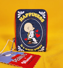 Whatever Peanuts Snoopy “Happiness Is a Warm Puppy” Denim Accordion Wallet NEW picture