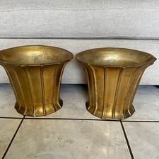 Pair Vintage Heavy Metal Gold Fluted Planters 10x13