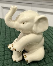 Vintage Lenox Porcelain Sitting Trunk Up White Baby Elephant w/Gold Highlight picture