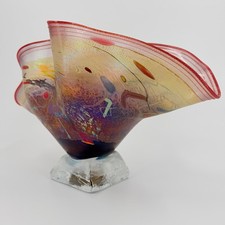 Hand Blown Art Glass Vase Swirl Red Yellow Purple Iridescent Accent Unique Decor picture