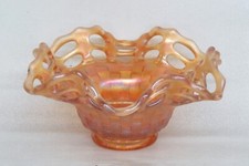 Fenton Marigold Carnival Glass Basket Weave Open Lace Edge Candy Dish Bowl 3338B picture