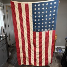 American Flag 48-Star Vintage 44” x 67” - Repaired, Stains, Holes picture