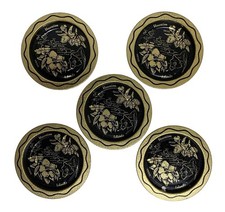 Vintage Set of 5 Hawaiian Islands Coaster Black Gold Steel Map Hibiscus Orchid picture