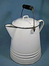 Nice Large Vintage Enamel Ware Cowboy Camp Coffee Pot White with Black Trim 10