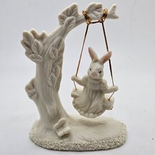 Vintage White Porcelain Bunny Rabbit on Swing Tree Figurine Easter Decor picture