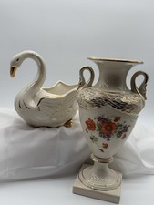 vintage ceramic swan planter and matching floral urn vase set Trimmed With Gold picture