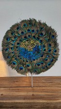 MINT Antique Peacock Feather Hand Fan Double Sided Art Deco Flapper Rare Swirl picture