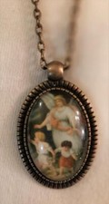 Handsome Oval Ridge Rim Classic Guardian Angel & Children Cameo Brasstn Necklace picture